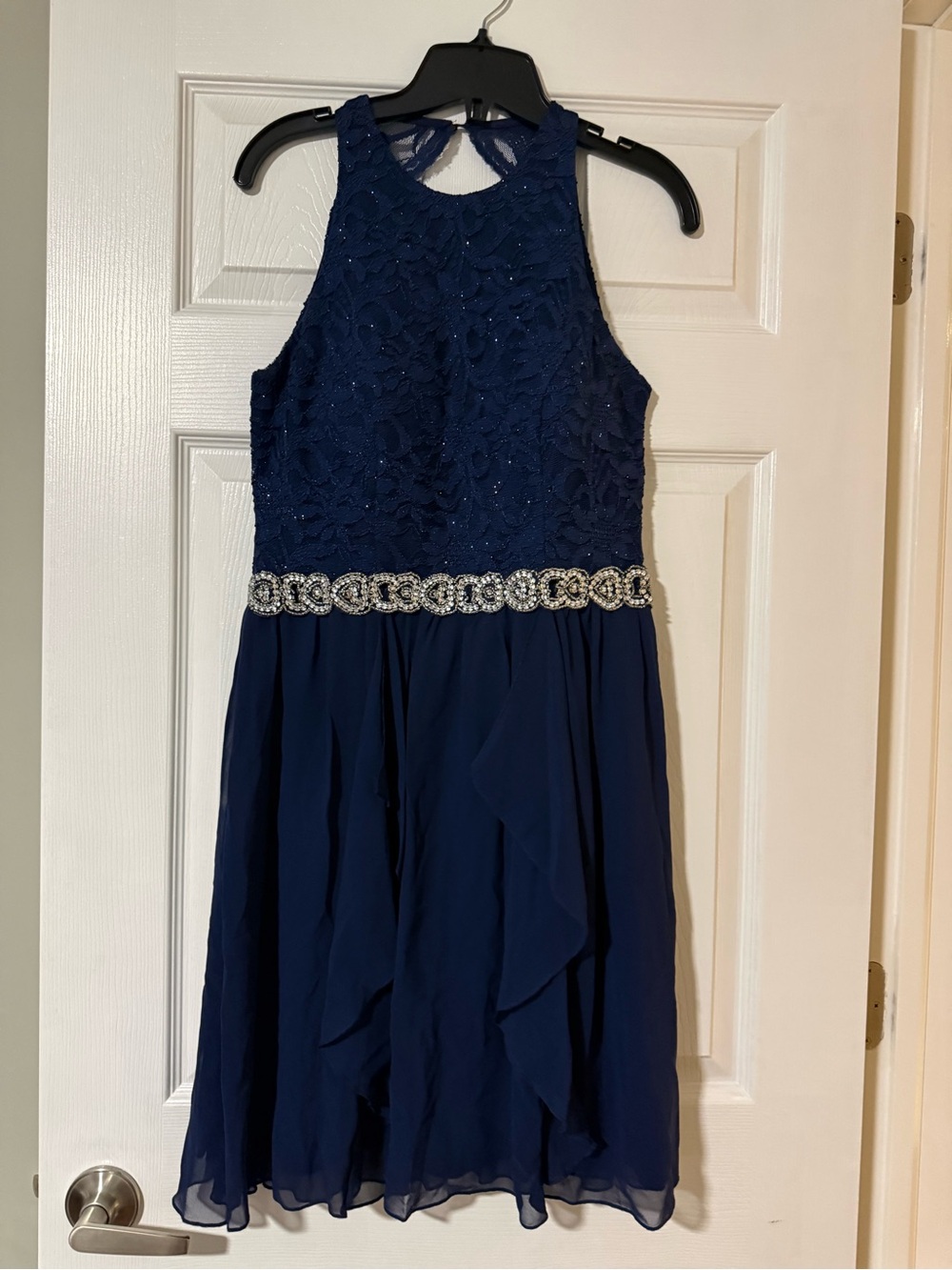 Le Chateau Navy Lace & Chiffon Party Dress with Beaded Waist